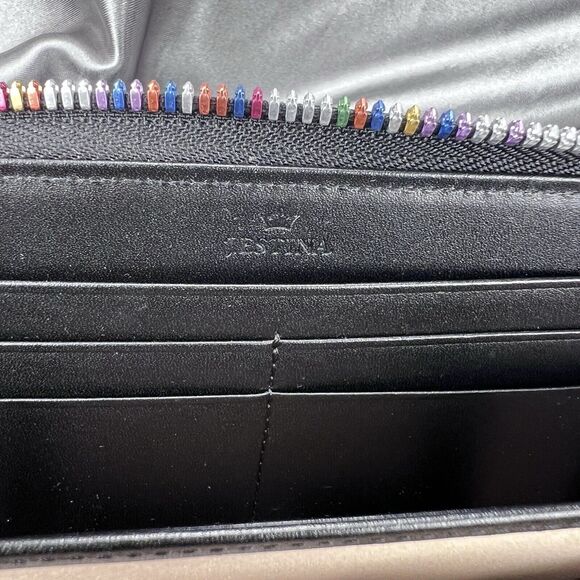 J. Estina Zip Aound Wallet Black Rainbow Accordion 12 Card Slots Pebbled Leather - Picture 15 of 17